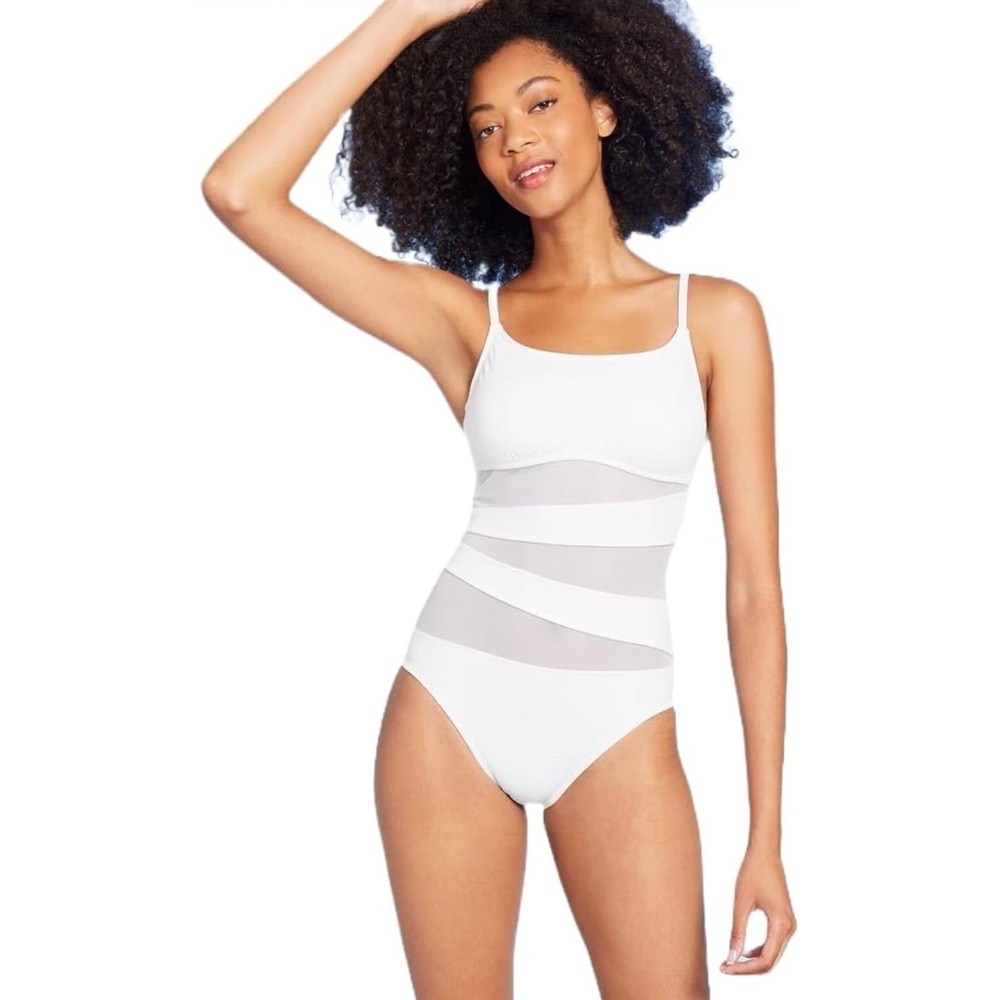 White Mesh Panel One Piece Swimsuit Square Neck Bandage Style Monokini Medium